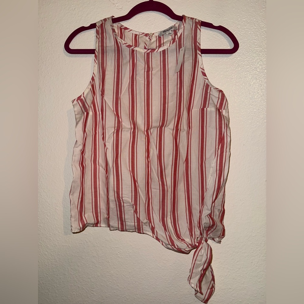 Madewell Red and White Asymmetrical Tie Front Tank Top